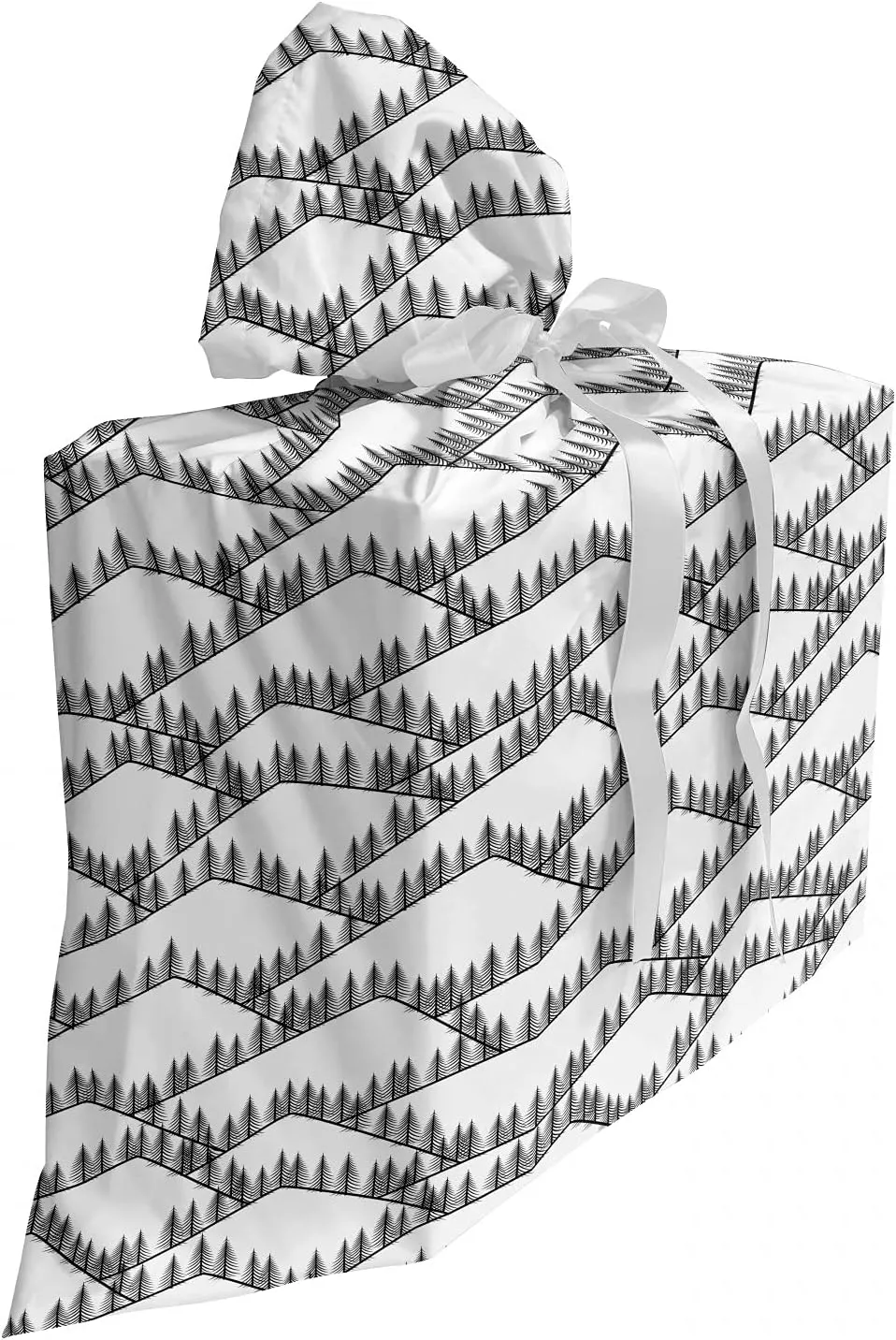 Ambesonne Landscape Fabric Gift Bag, Image of Triangular Shaped Mountain Ranges with Spruce Trees on Top, Present Sack for Parties Birthdays with 3 Ribbons, 27, White and Charcoal Grey