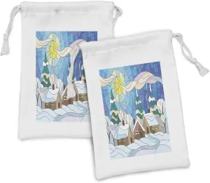 Ambesonne Winter Fabric Pouch Set of 2, Stained Glass Inspired Art with Cold Snowy Weather Village with Smoking Chimneys, Small Drawstring Bag for Toiletries Masks and Favors, 9" x 6", Multicolor