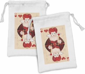 Ambesonne Alice in Wonderland Fabric Pouch Set of 2, Queen Cards Playing Alice Character in Fictional Print, Small Drawstring Bag for Toiletries Masks and Favors, 9" x 6", Red Brown Ecru