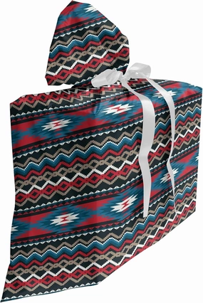 Ambesonne Antique Gift Bag, Prehistoric Style Folkloric Striped Design Antique Mayan Patterns, Fabric Party Favor Pouch with 3 Ribbons, 27, Black Blue Coral