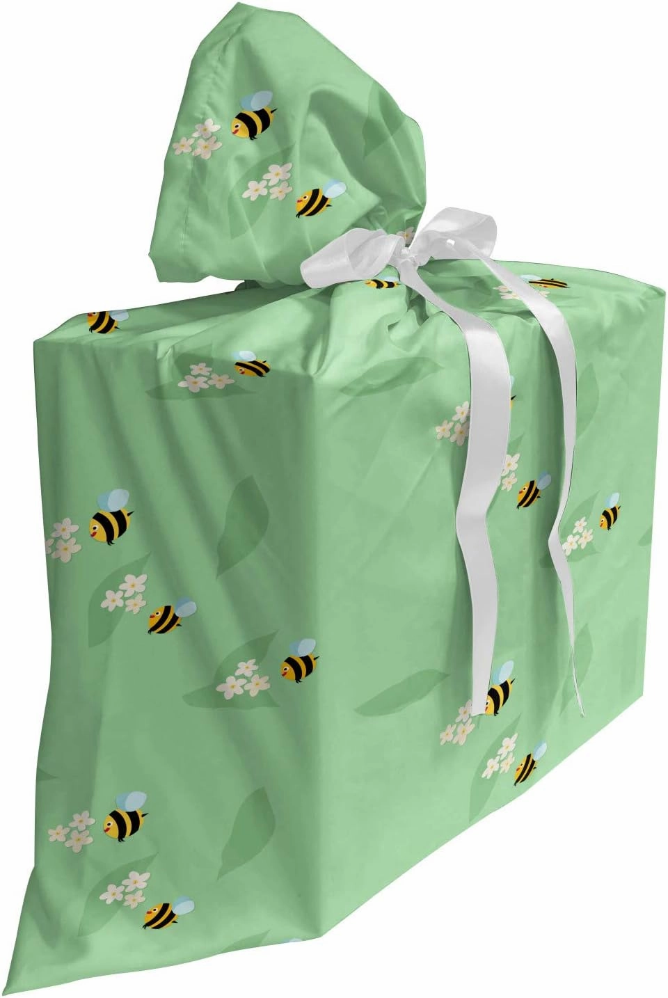 Ambesonne Bees Gift Bag, Rhythmic Flying Insects Flowers and Leaves in Pastel Colors Doodle Print, Fabric Party Favor Pouch with 3 Ribbons, 27, Pale Green Earth Yellow