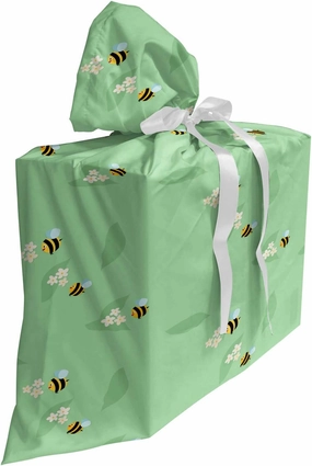 Ambesonne Bees Gift Bag, Rhythmic Flying Insects Flowers and Leaves in Pastel Colors Doodle Print, Fabric Party Favor Pouch with 3 Ribbons, 27, Pale Green Earth Yellow