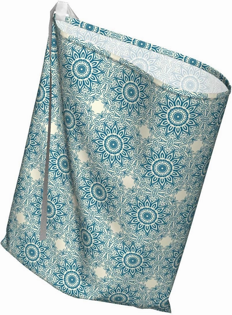 Ambesonne Blue Mandala Gift Bag, Repetitive Abstract Sunflower Interpretation Folkloric Motifs Print, Fabric Party Favor Pouch with 3 Ribbons, 27, Ivory and Petrol Blue