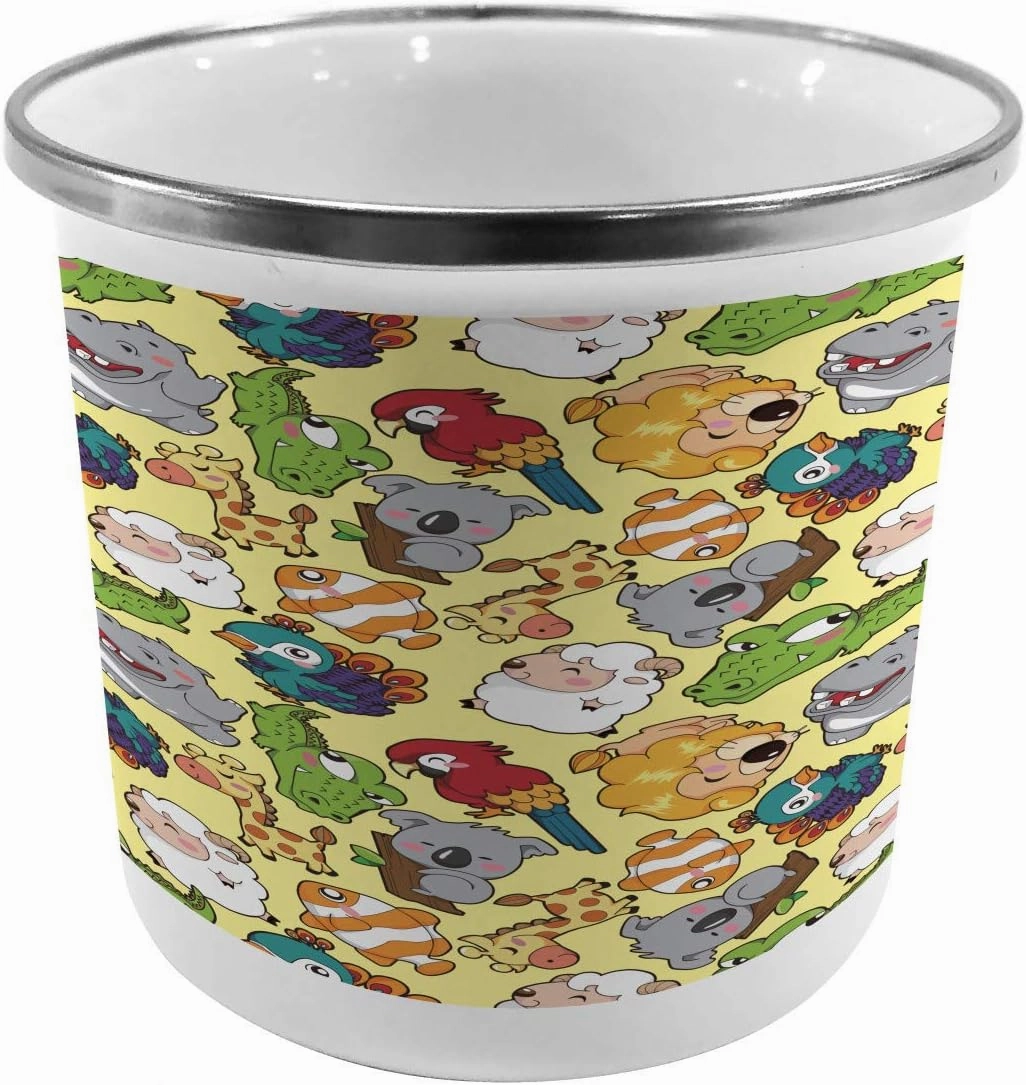 Ambesonne Cartoon Steel Camping Mug, Funny Animals Hippo Giraffe Koala Parrot Crocodile Zoo Jungle Graphic, Printed Thermal Cup for Camping and Outdoor Activities, Multicolor