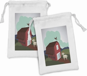 Ambesonne Goat Fabric Pouch Set of 2, Rural Cultivated Farmland withCottagecore Crops and Bovine Animals Graphic Image, Small Drawstring Bag for Toiletries Masks and Favors, 9" x 6", Multicolor