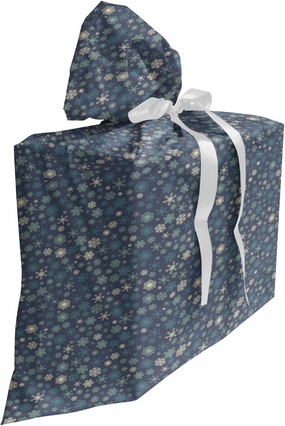 Ambesonne Green Xmas Fabric Gift Bag, Ornamental Wintery Numerous Continuous Little Snowflakes Composition, Present Sack for Parties Birthdays with 3 Ribbons, 27, Purpleblue Multicolor