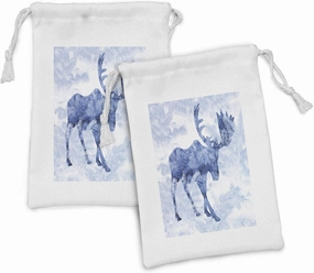 Ambesonne Moose Fabric Pouch Set of 2, Pattern Pine Needles Spruce Tree Antlers Deer Family Snow Winter Horns, Small Drawstring Bag for Toiletries Masks and Favors, 9" x 6", Blue White