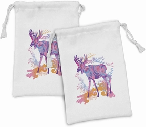 Ambesonne Moose Fabric Pouch Set of 2, Unusual Deer Trippy Featured Color Effects Digital Vivid Display, Small Drawstring Bag for Toiletries Masks and Favors, 9" x 6", Mauve and Orange