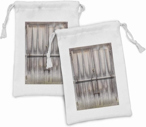 Ambesonne Rustic Fabric Pouch Set of 2, Retro Entrance with Padlock to Abandoned House Wooden Door Rough Oak Agriculture Image, Small Drawstring Bag for Toiletries Masks and Favors, 9" x 6", Brown