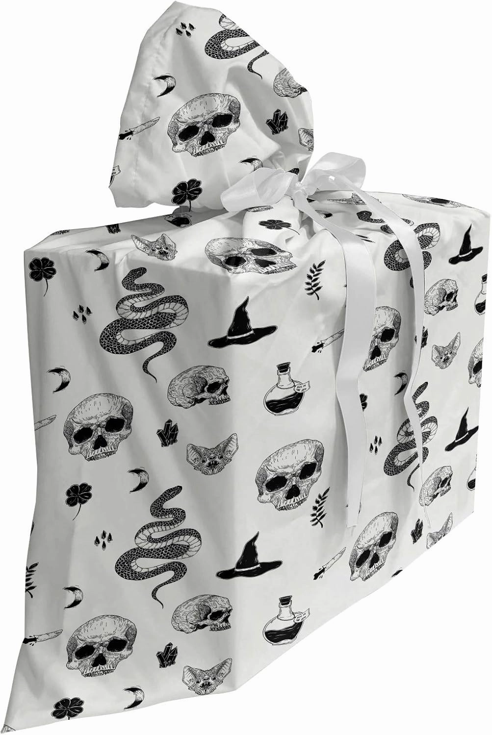 Ambesonne Skull Fabric Gift Bag, Tattoo Style Snake Bat Snake Moon Witch Hat Poison Creepy Halloween Gothic, Present Sack for Parties Birthdays with 3 Ribbons, 27, Coconut Charcoal Grey