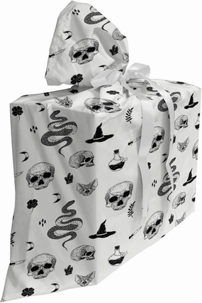 Ambesonne Skull Fabric Gift Bag, Tattoo Style Snake Bat Snake Moon Witch Hat Poison Creepy Halloween Gothic, Present Sack for Parties Birthdays with 3 Ribbons, 27, Coconut Charcoal Grey