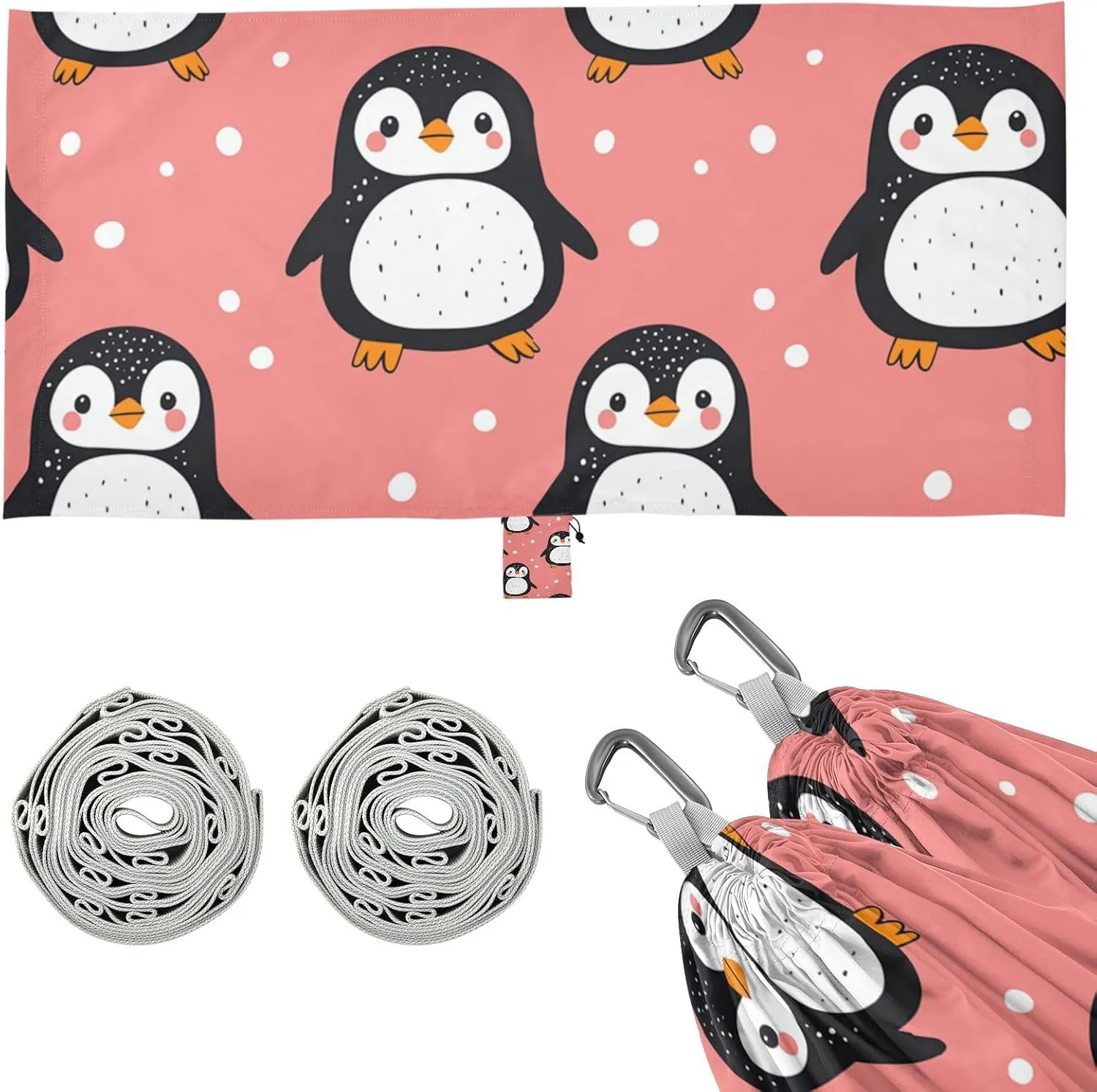 Animal Penguin Simple Line Cartoon Style Outdoor Hammocks with Tree Straps Backyard Hammock for Patio Backyard Lounge Base