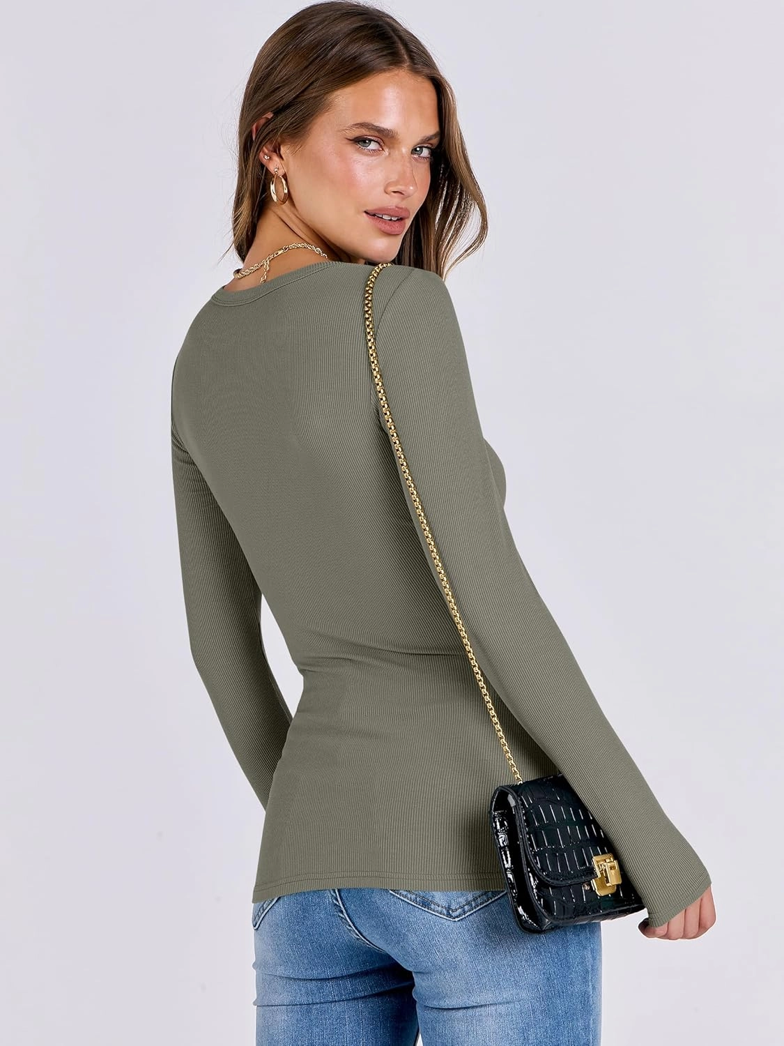 ANRABESS Women Long Sleeve Crewneck Rib Knit Slim Fit Shirts Basic Tee Tops 2025 Casual T-Shirt Going Out Workout Outfits