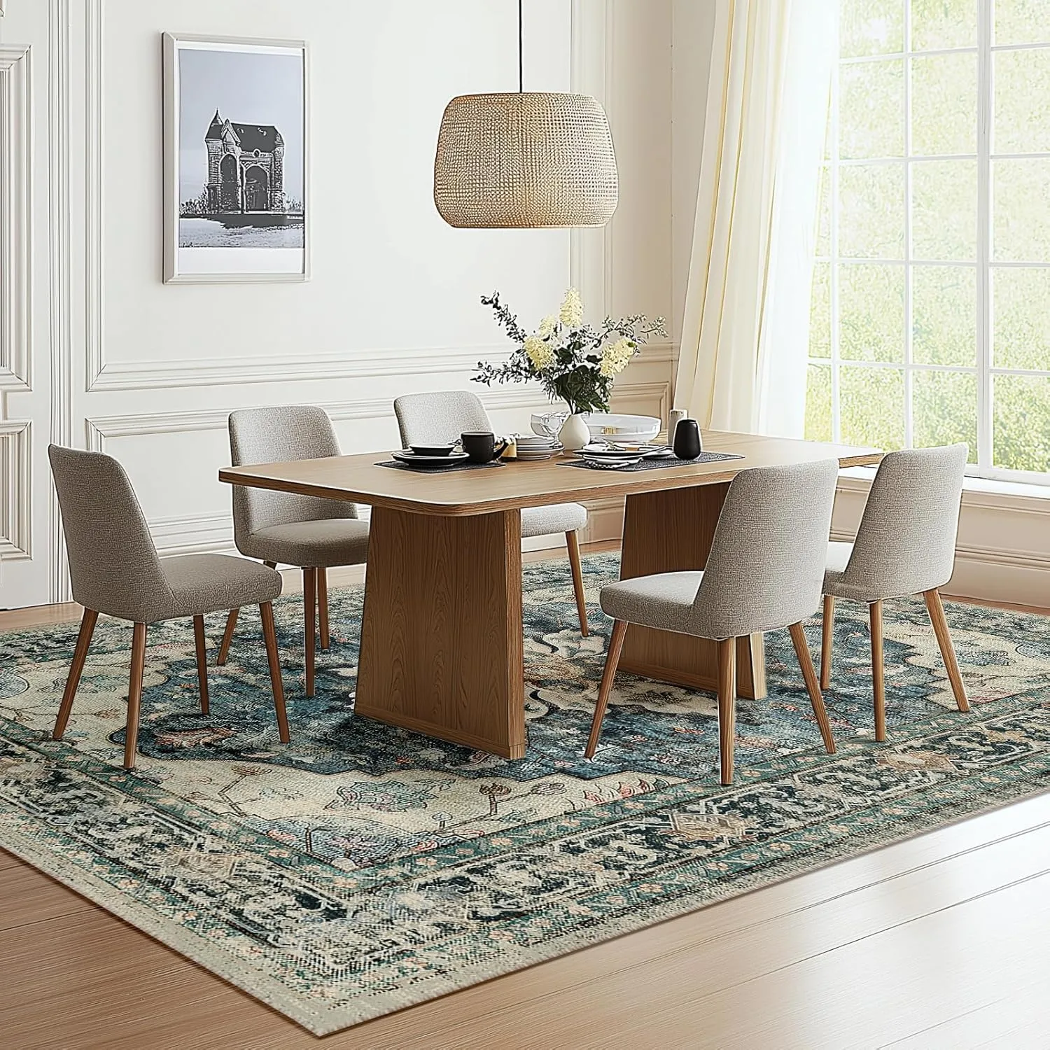 Area Rugs 8'x10' Washable Non-Slip, Floral Vintage Distress Print Pattern Medallion Carpet for Living Room Bedroom Dining Room, Dark Blue Vintage