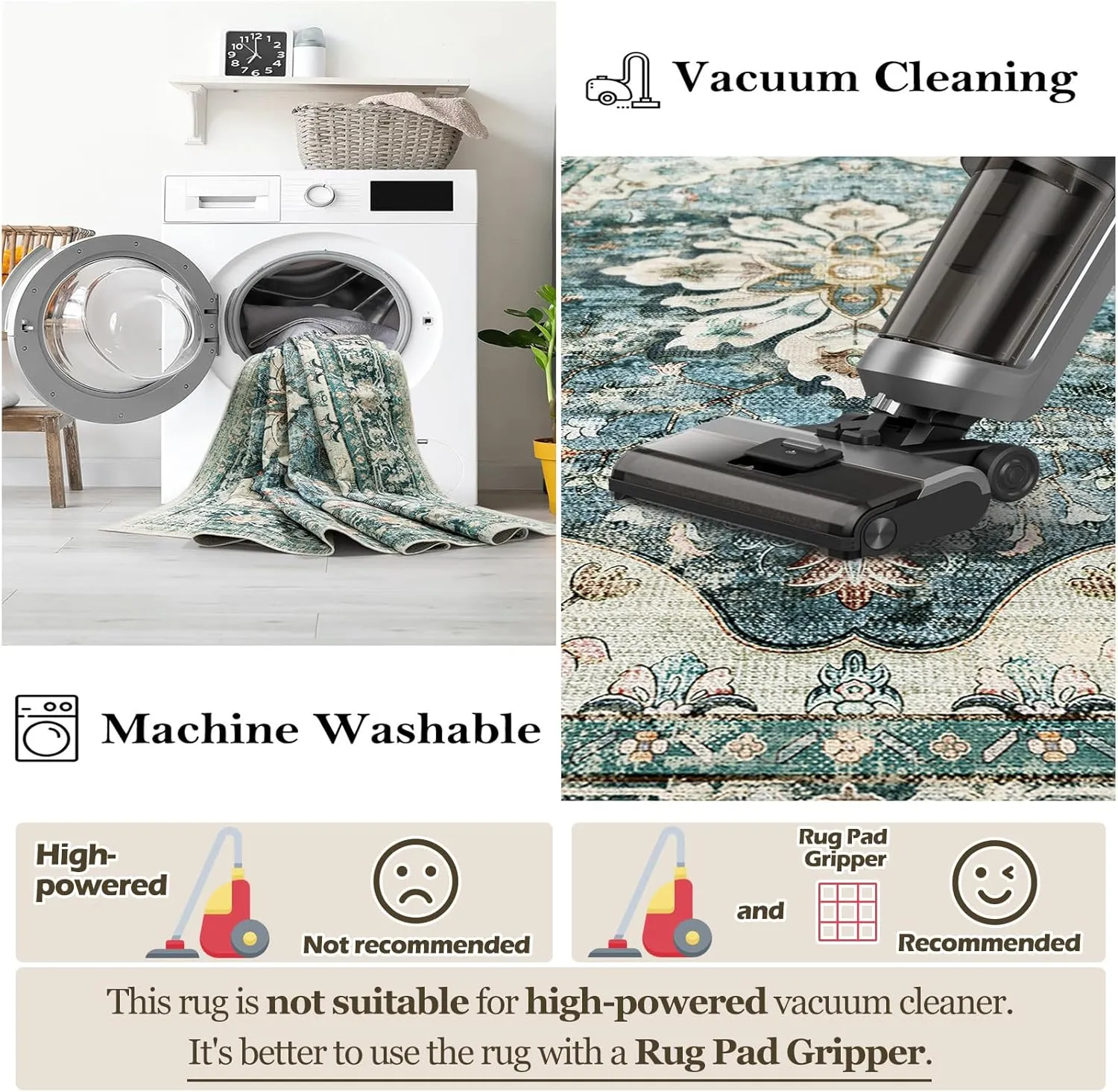Area Rugs 8'x10' Washable Non-Slip, Floral Vintage Distress Print Pattern Medallion Carpet for Living Room Bedroom Dining Room, Dark Blue Vintage