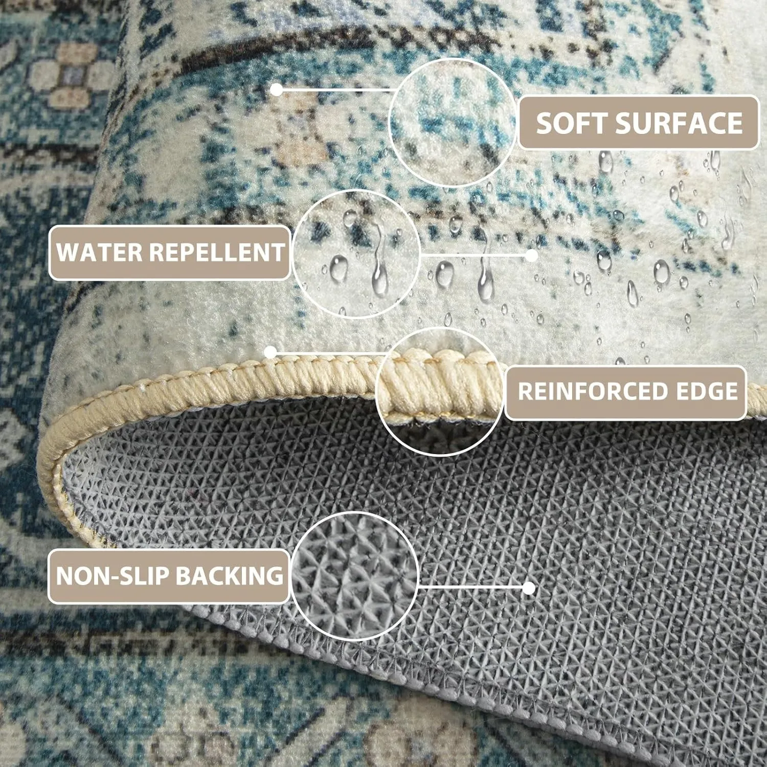 Area Rugs 8'x10' Washable Non-Slip, Floral Vintage Distress Print Pattern Medallion Carpet for Living Room Bedroom Dining Room, Dark Blue Vintage
