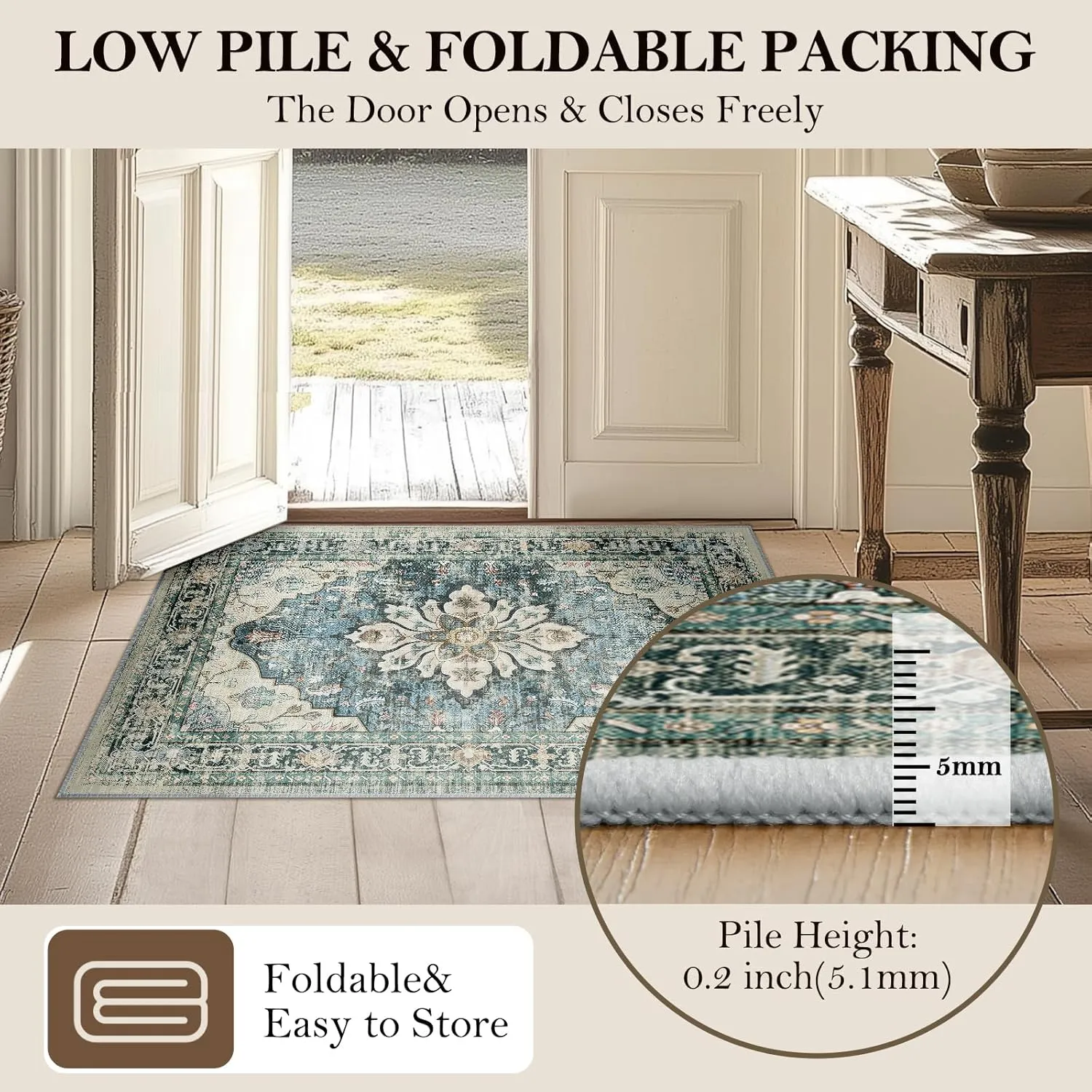 Area Rugs 8'x10' Washable Non-Slip, Floral Vintage Distress Print Pattern Medallion Carpet for Living Room Bedroom Dining Room, Dark Blue Vintage