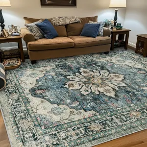 Area Rugs 8'x10' Washable Non-Slip, Floral Vintage Distress Print Pattern Medallion Carpet for Living Room Bedroom Dining Room, Dark Blue Vintage