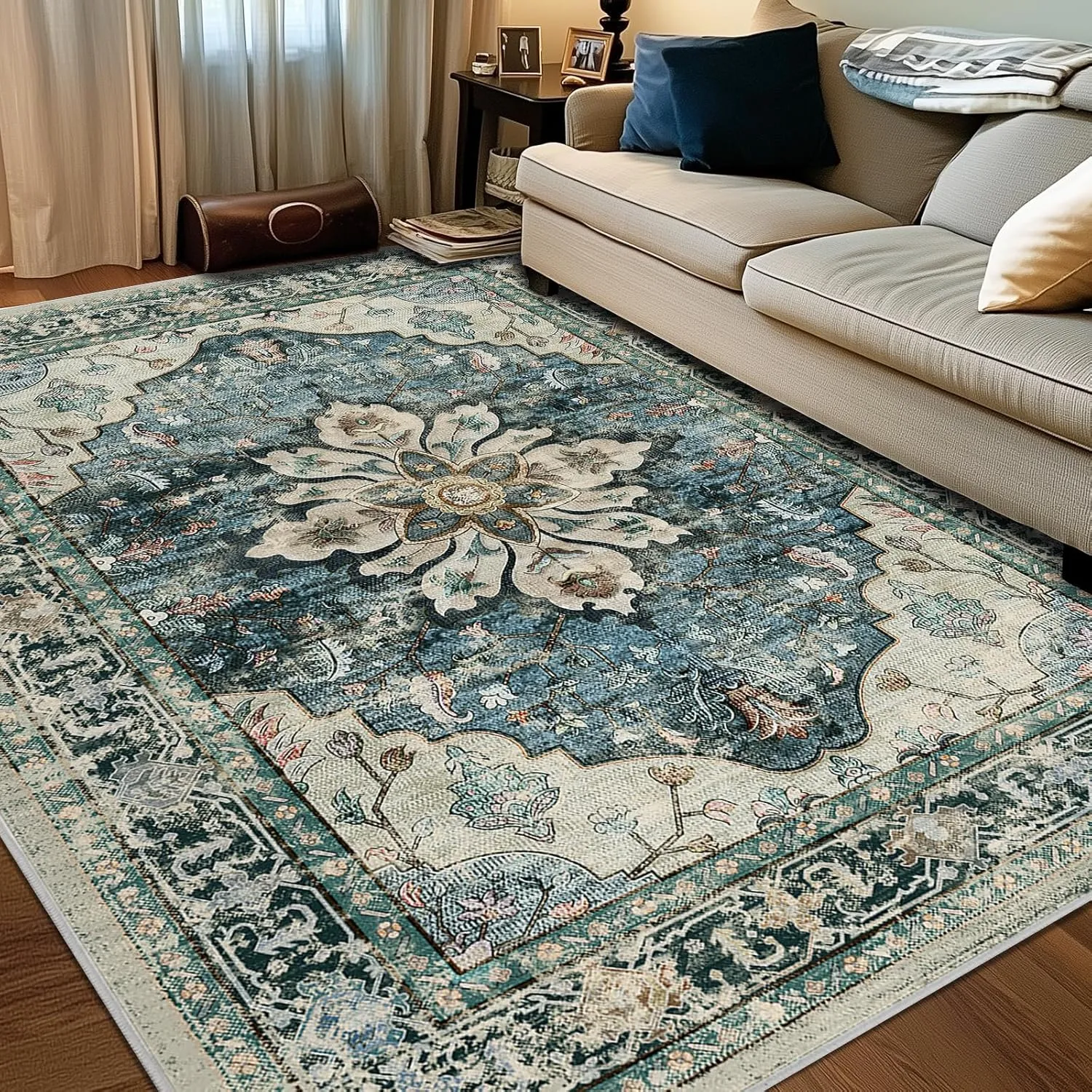 Area Rugs 8'x10' Washable Non-Slip, Floral Vintage Distress Print Pattern Medallion Carpet for Living Room Bedroom Dining Room, Dark Blue Vintage
