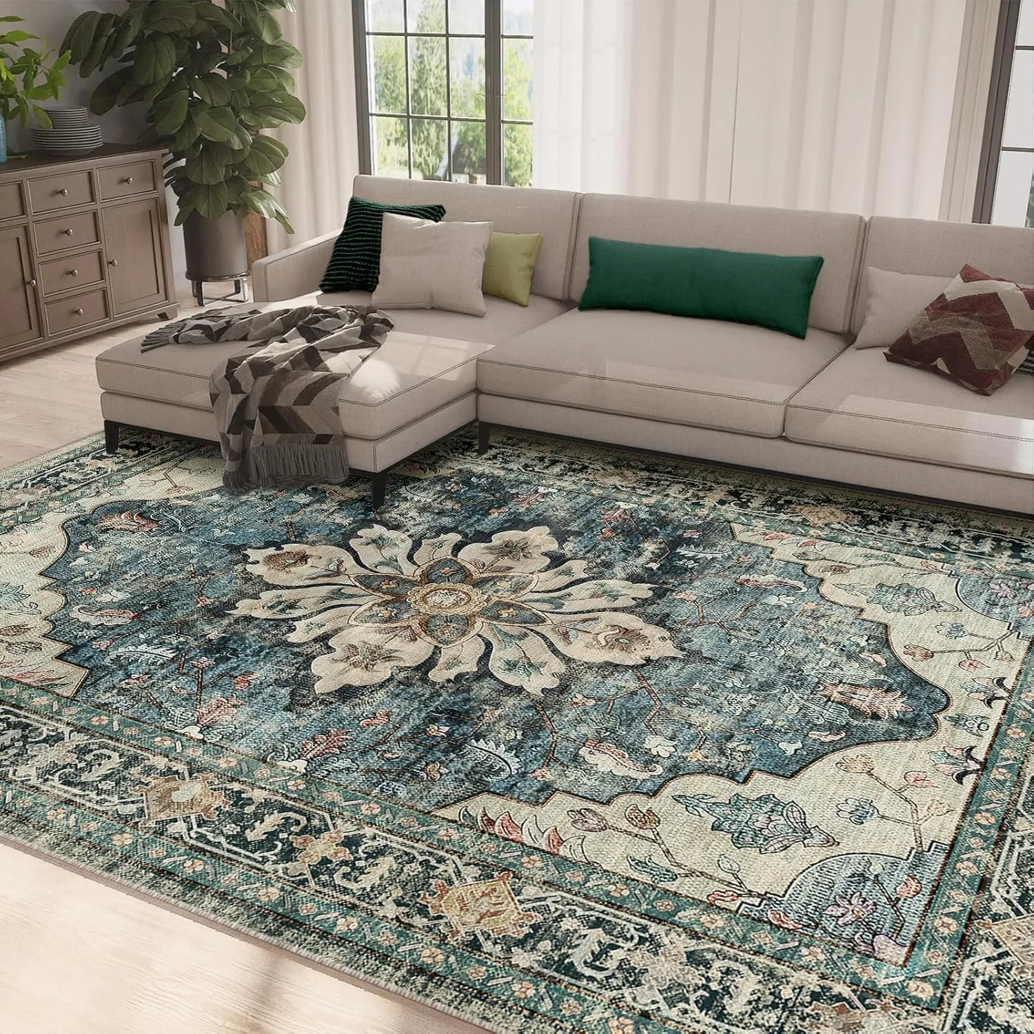 Area Rugs 8'x10' Washable Non-Slip, Floral Vintage Distress Print Pattern Medallion Carpet for Living Room Bedroom Dining Room, Dark Blue Vintage