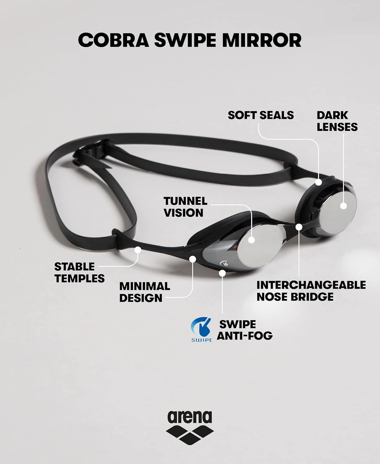 ARENA Unisex Adult Cobra Swipe Anti-Fog Racing Swim Goggles Polycarbonate Mirror/Non-Mirror Lens Hydrodynamic Design