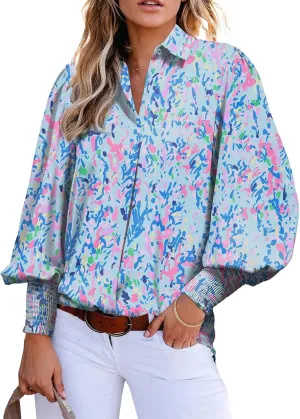 Astylish Women 2025 Loose V-Neck Shirts Paisley Print Lantern Sleeve Blouse Boho Tops