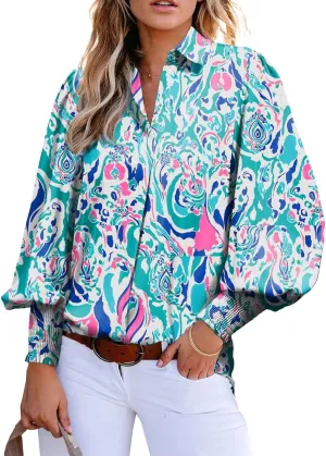 Astylish Women 2025 Loose V-Neck Shirts Paisley Print Lantern Sleeve Blouse Boho Tops