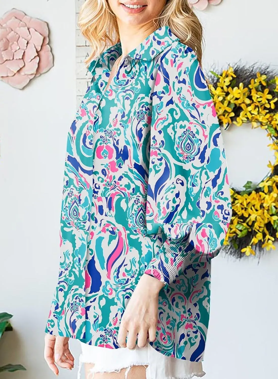 Astylish Women Loose V-Neck Shirts Paisley Print Lantern Sleeve Blouse Tops