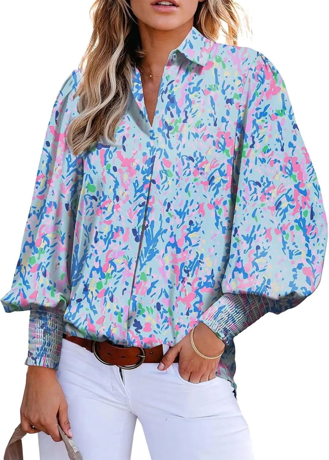Astylish Women Loose V-Neck Shirts Paisley Print Lantern Sleeve Blouse Tops