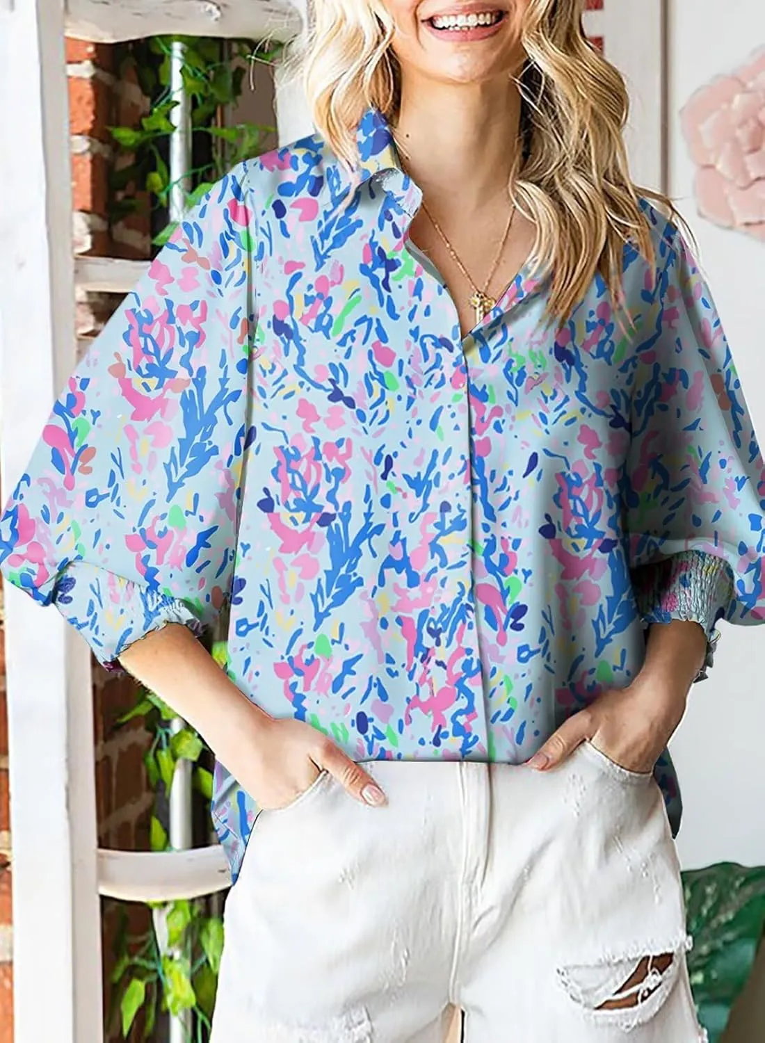 Astylish Women Loose V-Neck Shirts Paisley Print Lantern Sleeve Blouse Tops