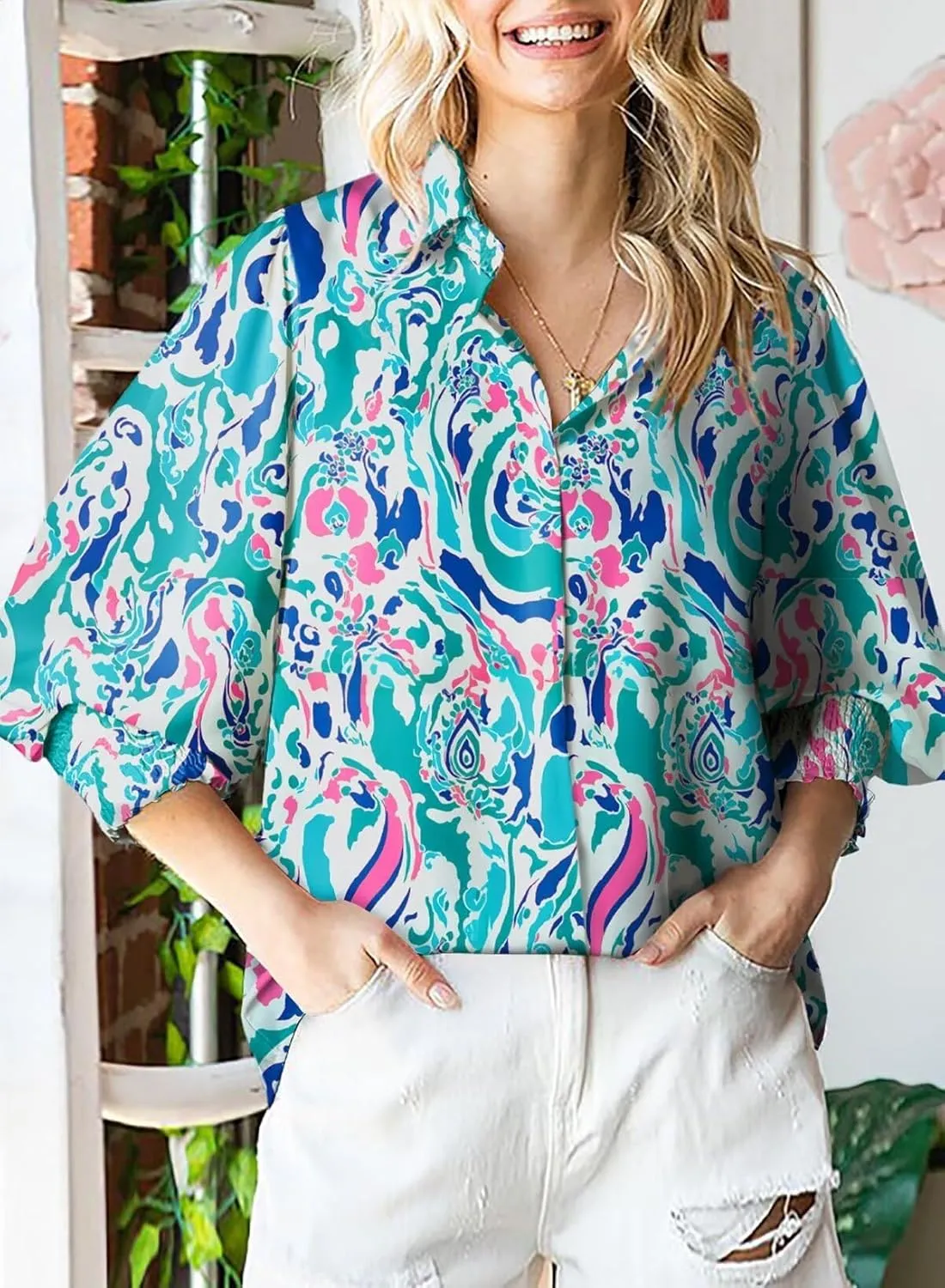 Astylish Women Loose V-Neck Shirts Paisley Print Lantern Sleeve Blouse Tops