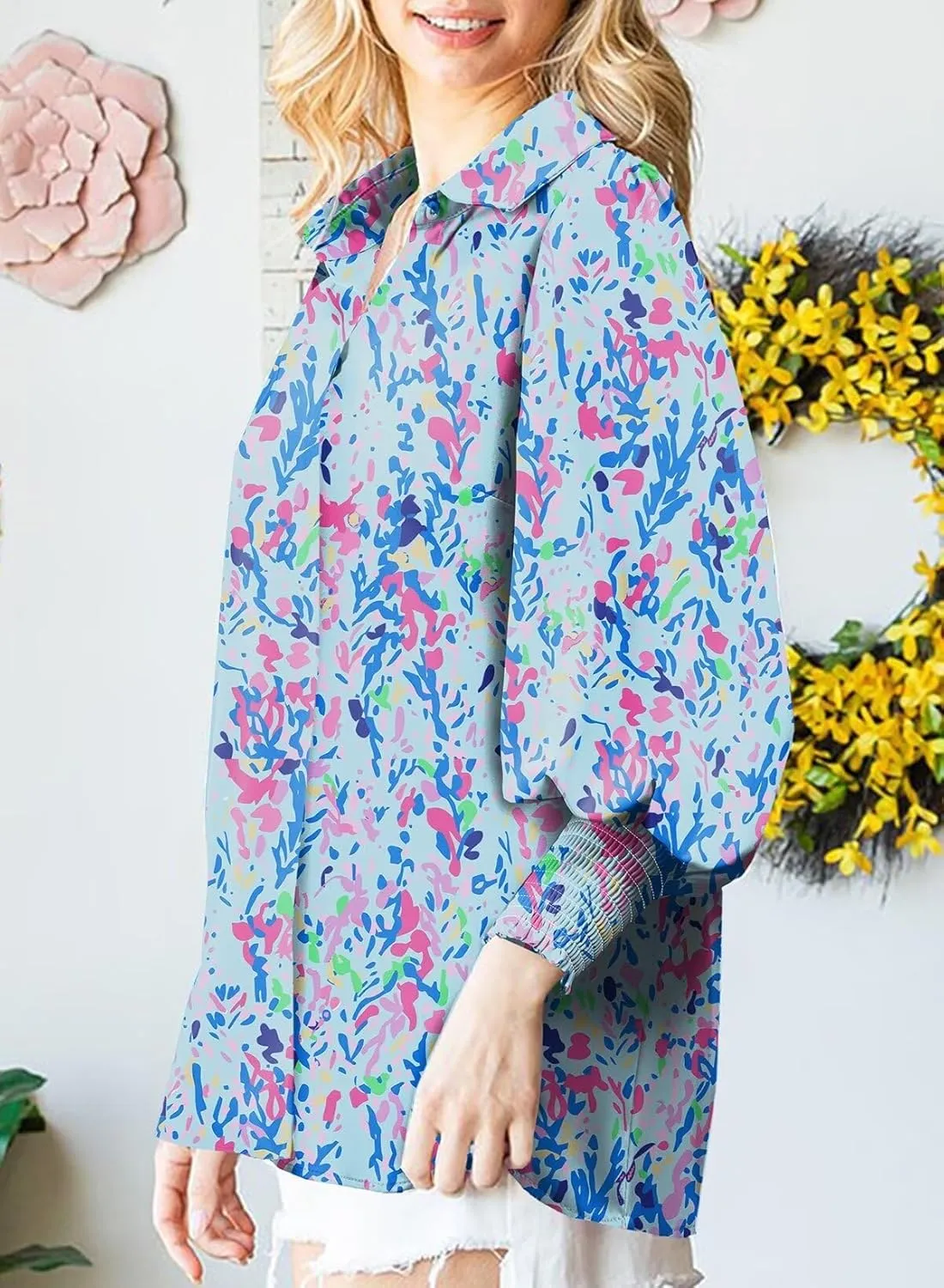 Astylish Women Loose V-Neck Shirts Paisley Print Lantern Sleeve Blouse Tops