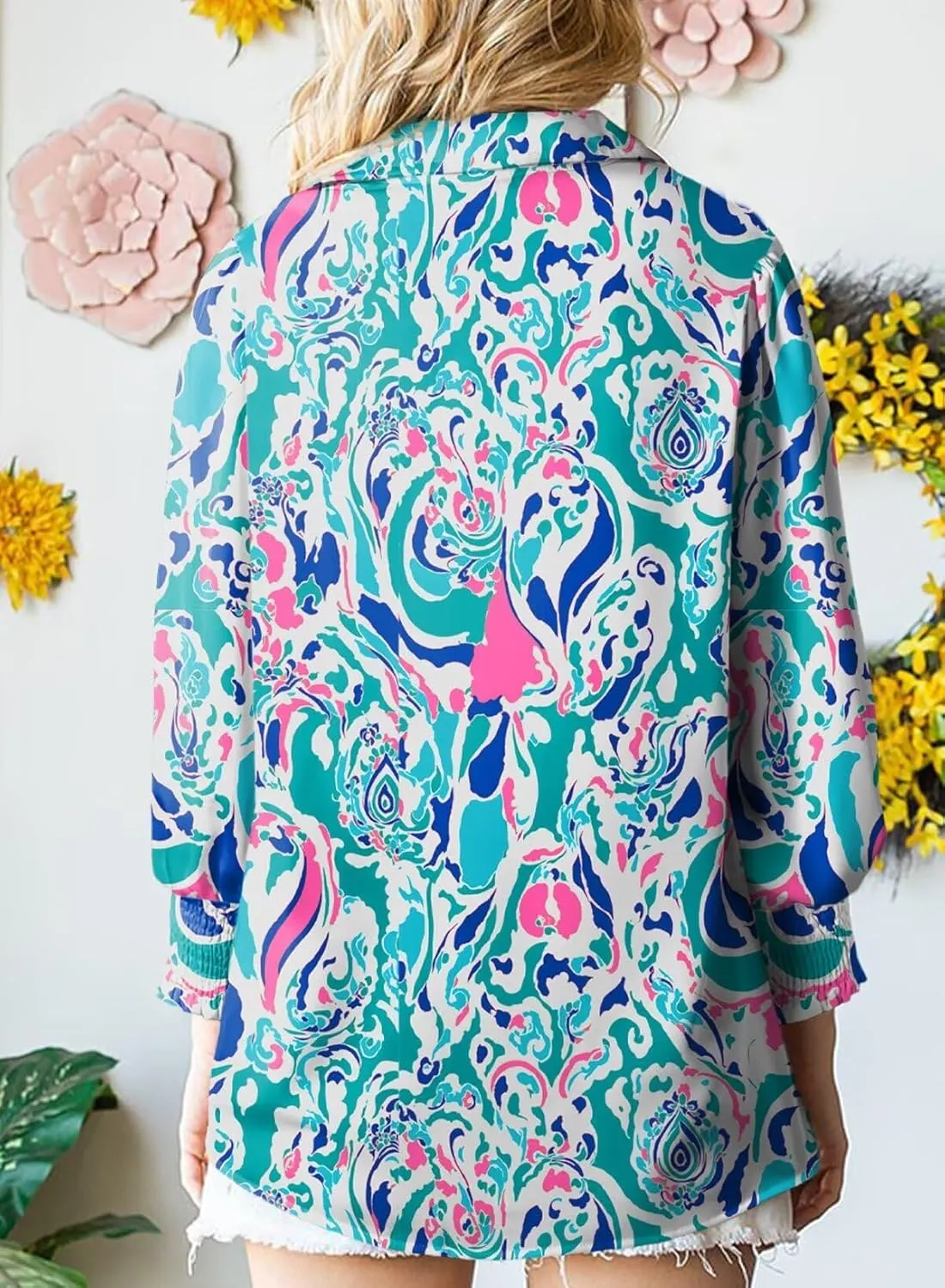Astylish Women Loose V-Neck Shirts Paisley Print Lantern Sleeve Blouse Tops