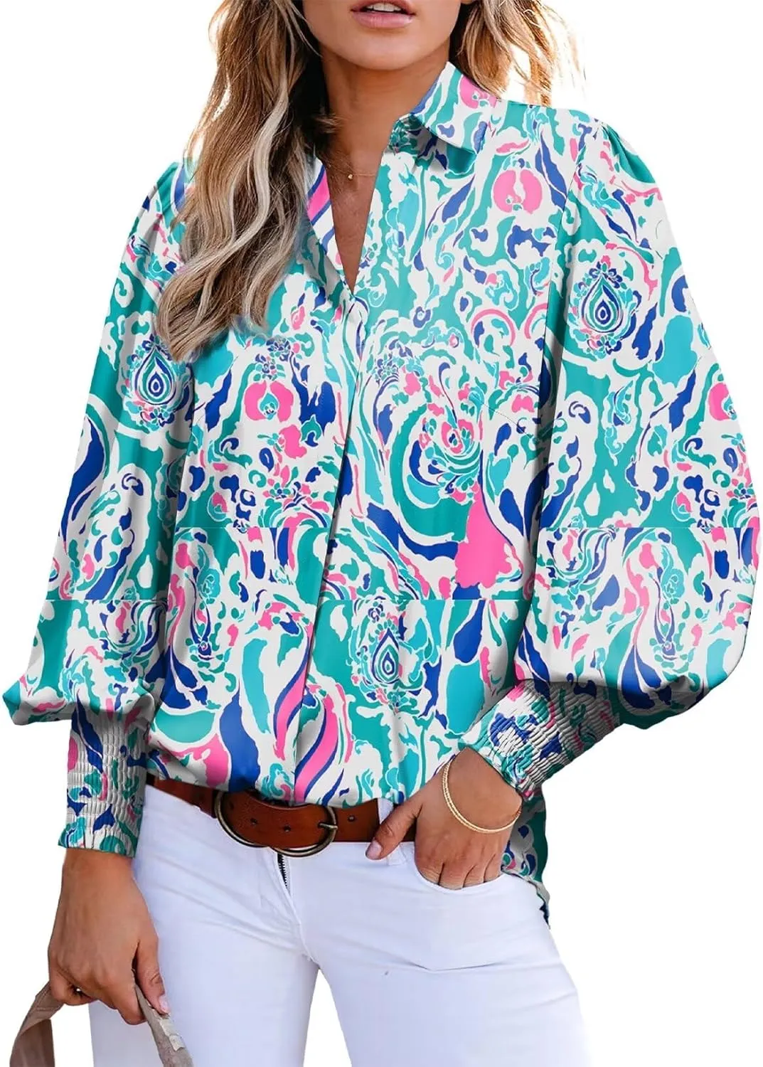 Astylish Women Loose V-Neck Shirts Paisley Print Lantern Sleeve Blouse Tops