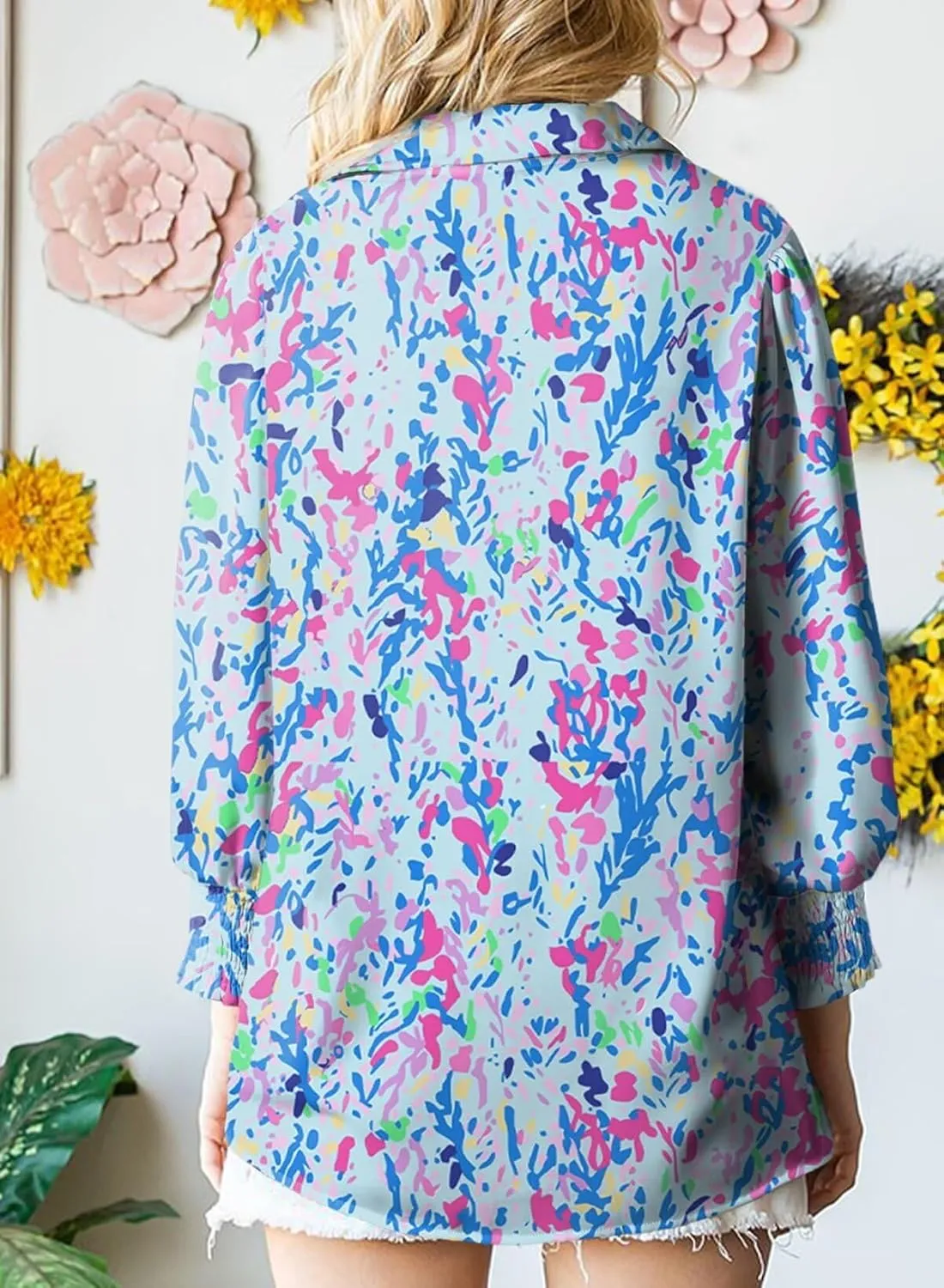 Astylish Women Loose V-Neck Shirts Paisley Print Lantern Sleeve Blouse Tops