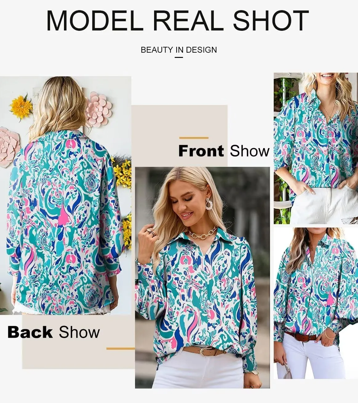 Astylish Women Loose V-Neck Shirts Paisley Print Lantern Sleeve Blouse Tops