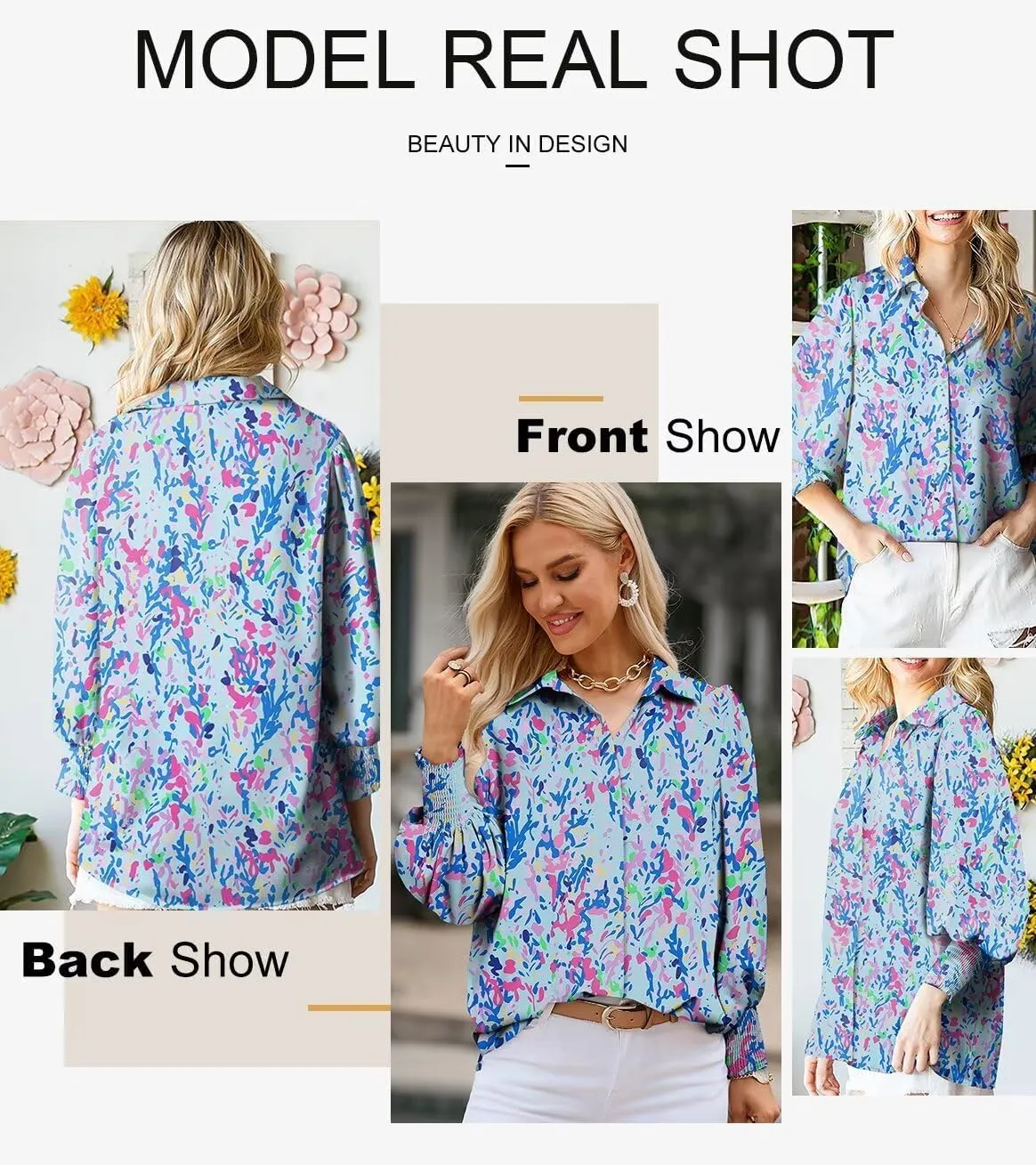 Astylish Women Loose V-Neck Shirts Paisley Print Lantern Sleeve Blouse Tops