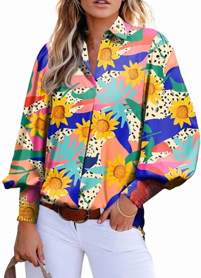 Astylish Women 2025 Loose V-Neck Shirts Paisley Print Lantern Sleeve Blouse Boho Tops