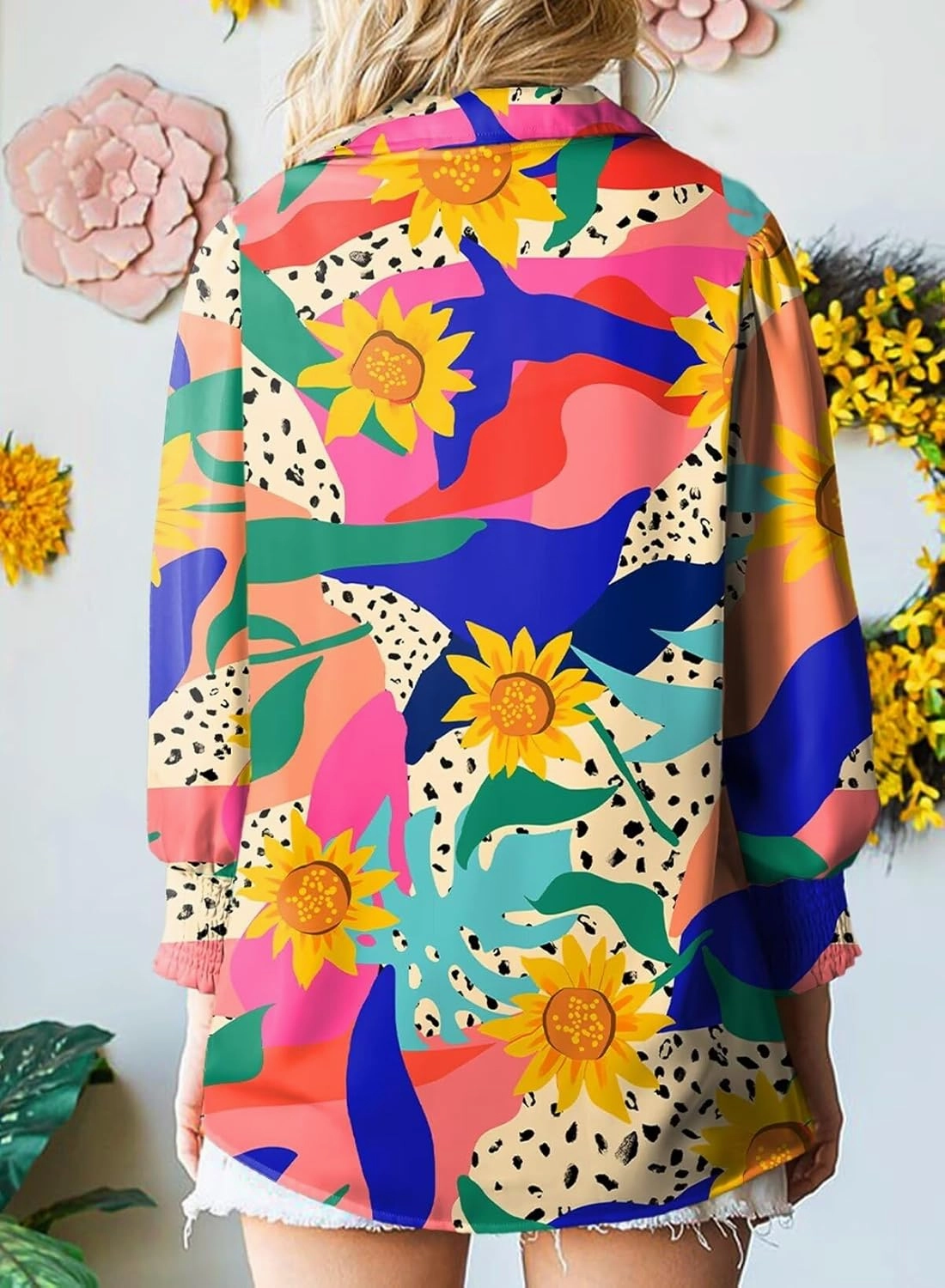 Astylish Women Loose V-Neck Shirts Paisley Print Lantern Sleeve Blouse Tops