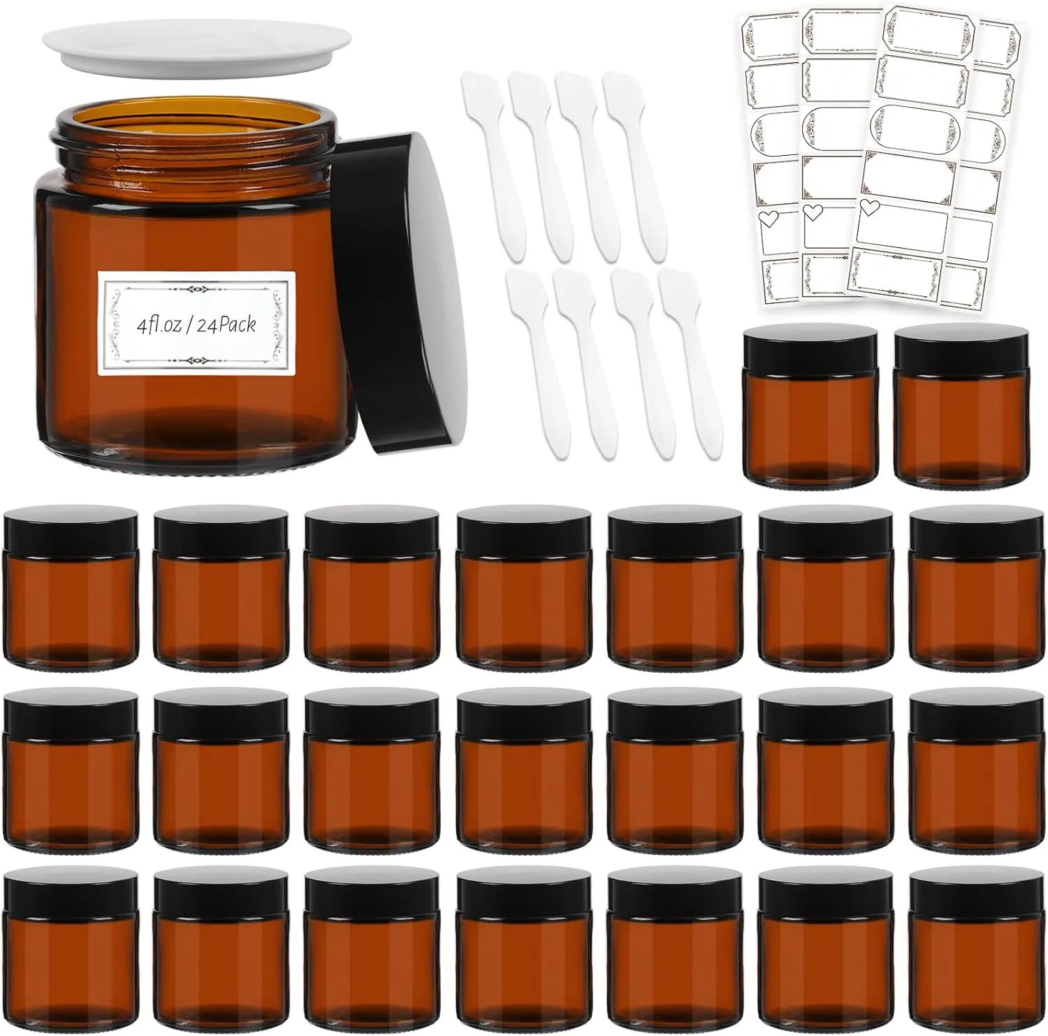 AuroTrends 4 oz Amber Glas Jars with Lids 24Pack, Portable Amber Round Empty Glass Candle Jars with Lids/Body Butters Containers/Body Butter Jar (4 fl. oz, Set of 24)