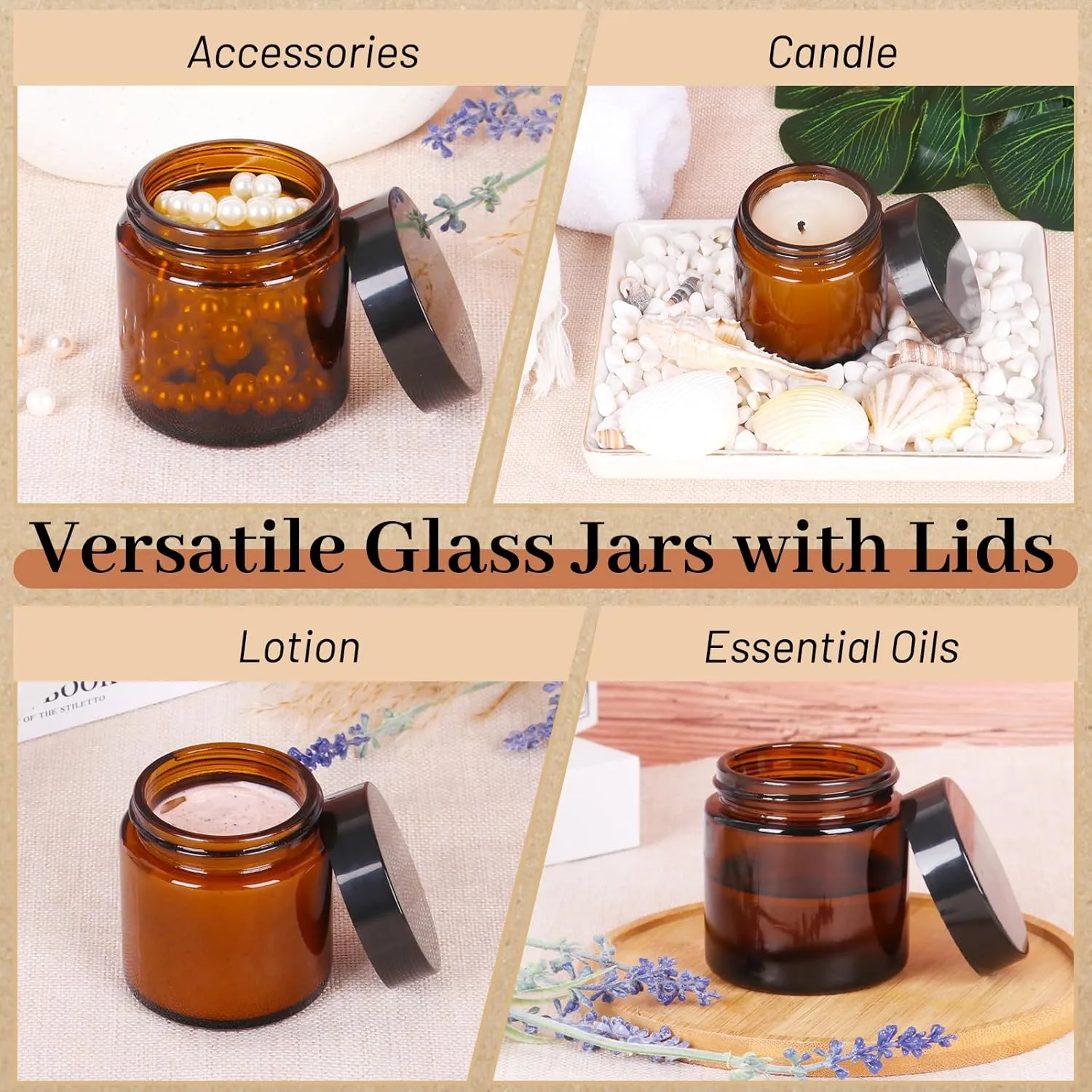 AuroTrends 4 oz Amber Glas Jars with Lids 24Pack, Portable Amber Round Empty Glass Candle Jars with Lids/Body Butters Containers/Body Butter Jar (4 fl. oz, Set of 24)