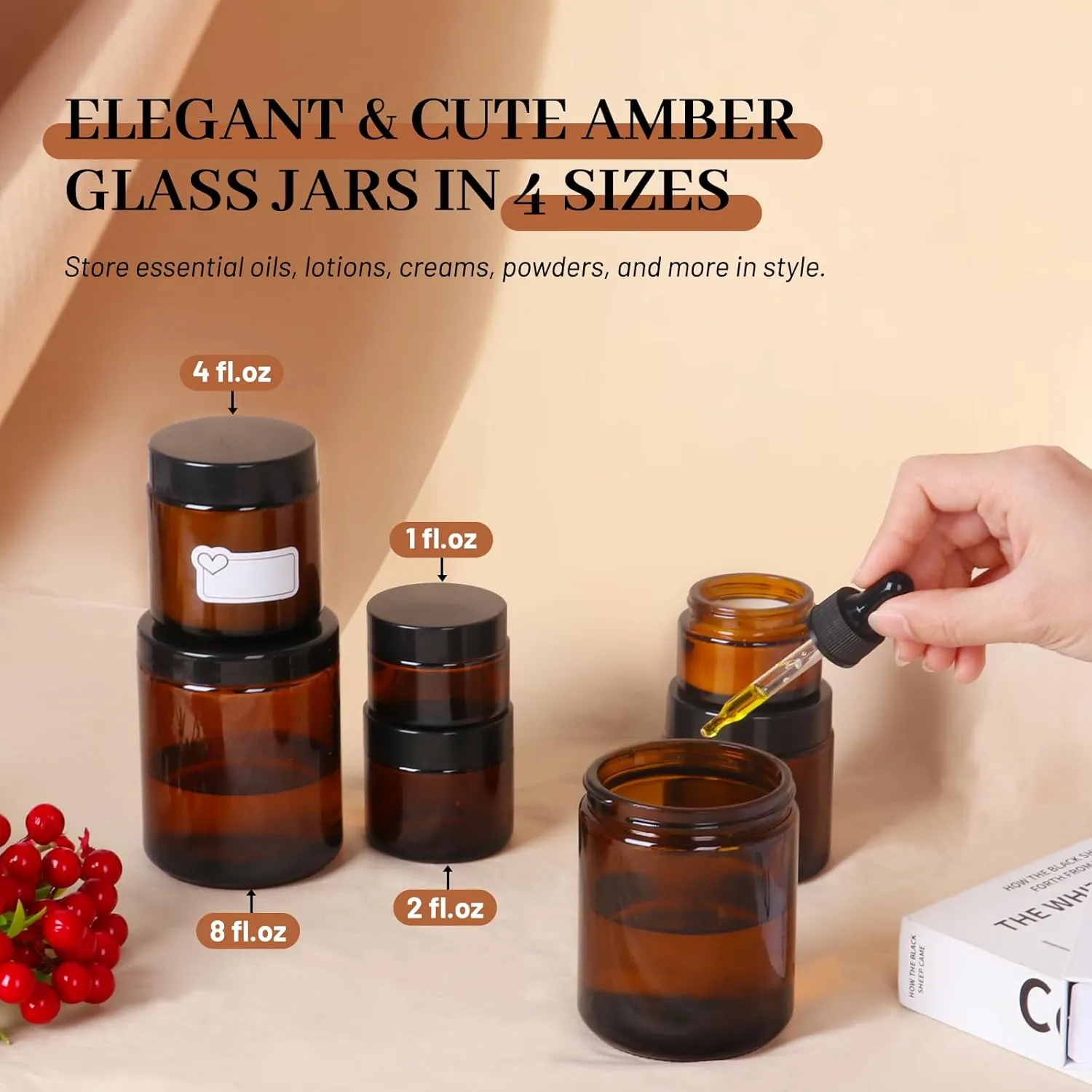 AuroTrends 4 oz Amber Glas Jars with Lids 24Pack, Portable Amber Round Empty Glass Candle Jars with Lids/Body Butters Containers/Body Butter Jar (4 fl. oz, Set of 24)