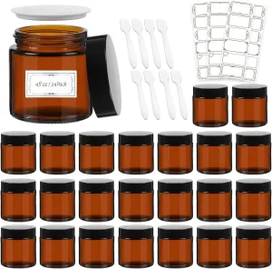 AuroTrends 4 oz Amber Glas Jars with Lids 24Pack, Portable Amber Round Empty Glass Candle Jars with Lids/Body Butters Containers/Body Butter Jar (4 fl. oz, Set of 24)