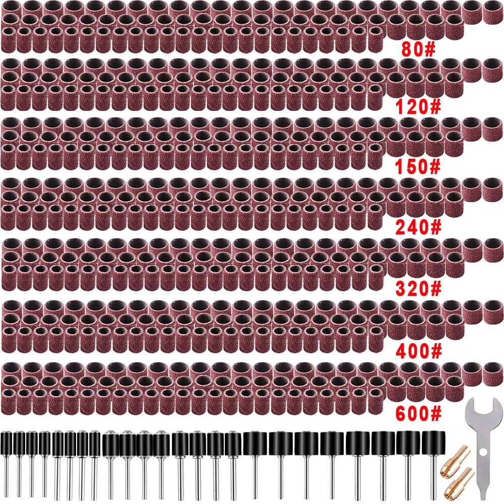 Austor Sanding Drum Set, 531 Pcs Sander Sleeves - 80/120/150/240/320/400/600 Grit with 24 Mandrels & 2 Self-Tightening Drill Chucks & 1 Combination Wrench