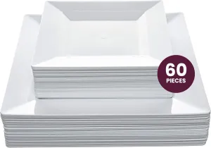 Aya's 60ct White Square Disposable Plates - Heavy Duty Plastic Party Plates for Christmas, Thanksgiving (30 Dinner & 30 Salad)