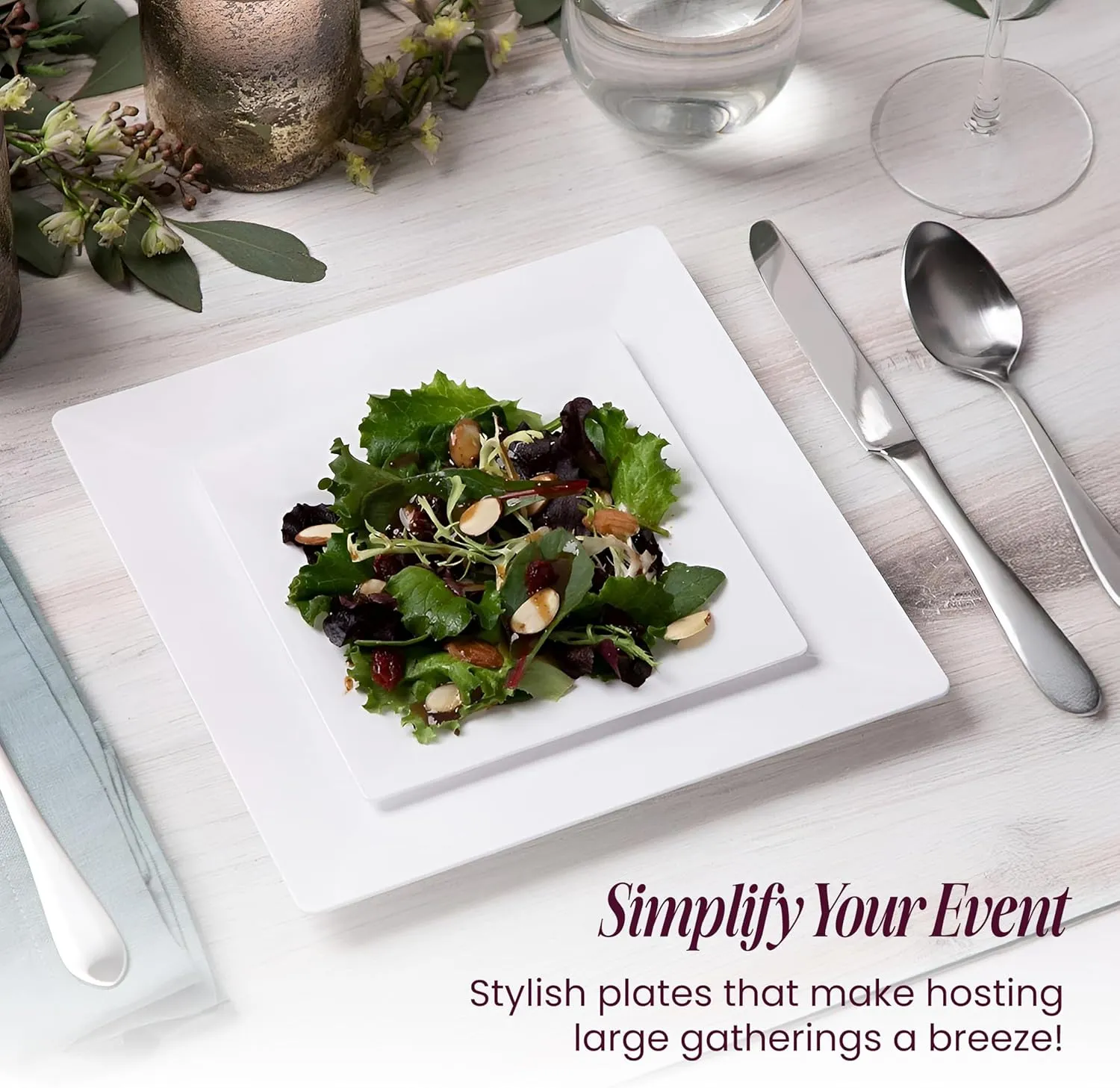 Aya's 60ct White Square Disposable Plates - Heavy Duty Plastic Party Plates for Christmas, Thanksgiving (30 Dinner & 30 Salad)