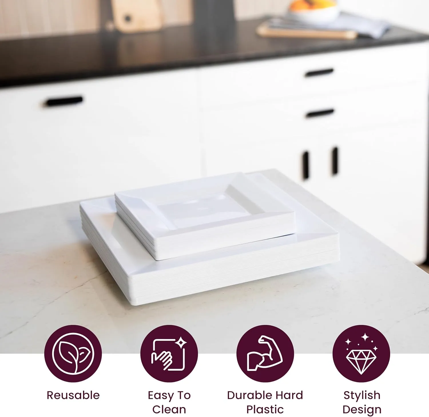 Aya's 60ct White Square Disposable Plates - Heavy Duty Plastic Party Plates for Christmas, Thanksgiving (30 Dinner & 30 Salad)
