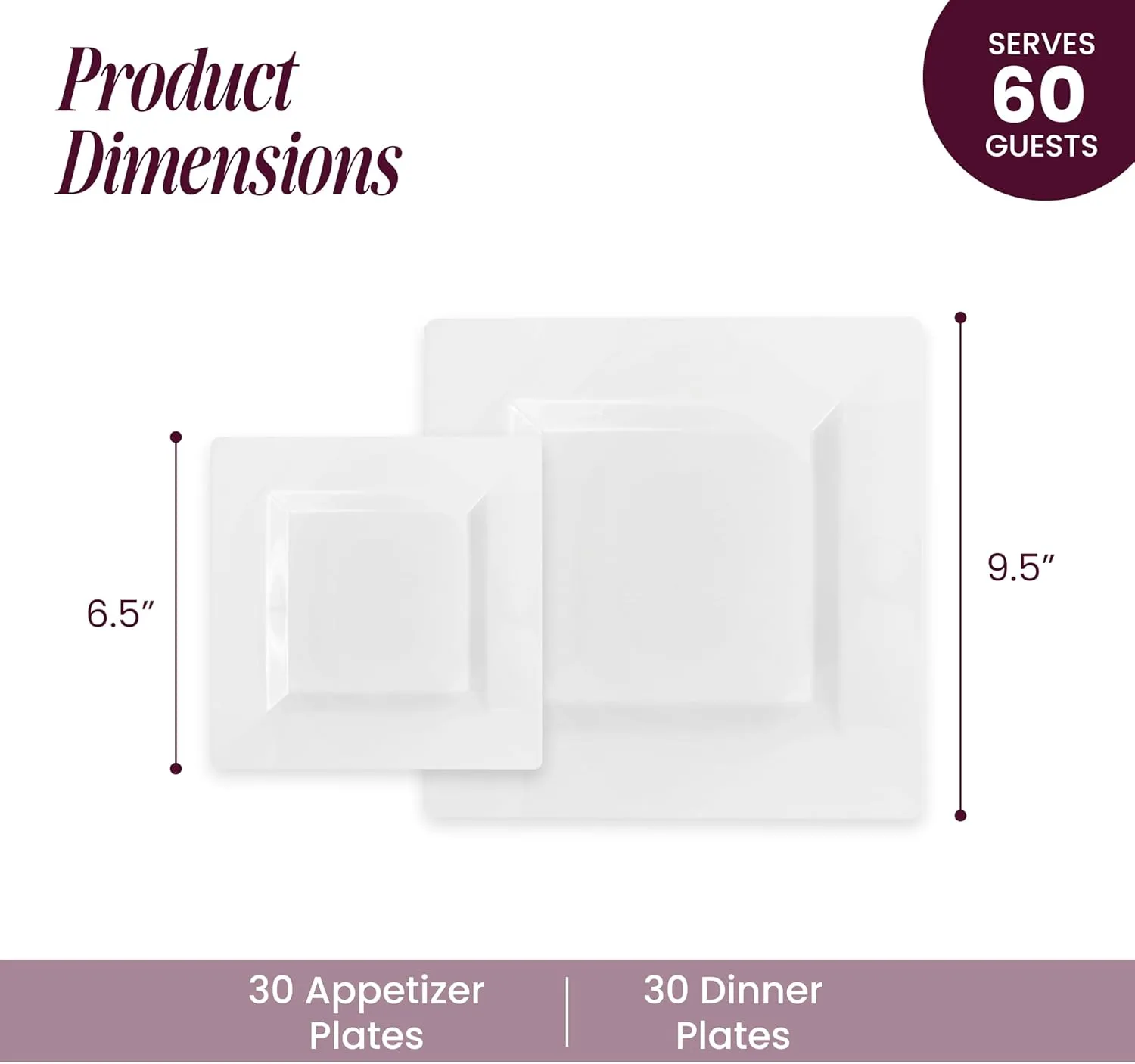Aya's 60ct White Square Disposable Plates - Heavy Duty Plastic Party Plates for Christmas, Thanksgiving (30 Dinner & 30 Salad)