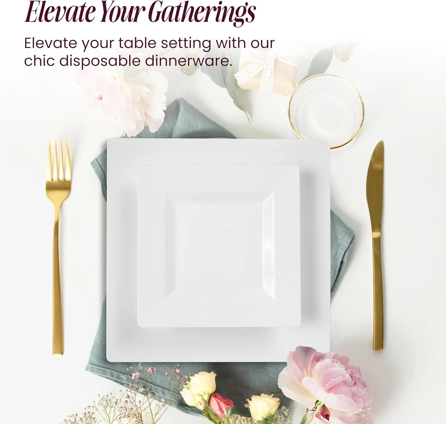 Aya's 60ct White Square Disposable Plates - Heavy Duty Plastic Party Plates for Christmas, Thanksgiving (30 Dinner & 30 Salad)