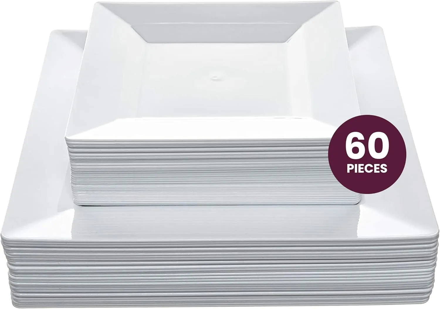 Aya's 60ct White Square Disposable Plates - Heavy Duty Plastic Party Plates for Christmas, Thanksgiving (30 Dinner & 30 Salad)